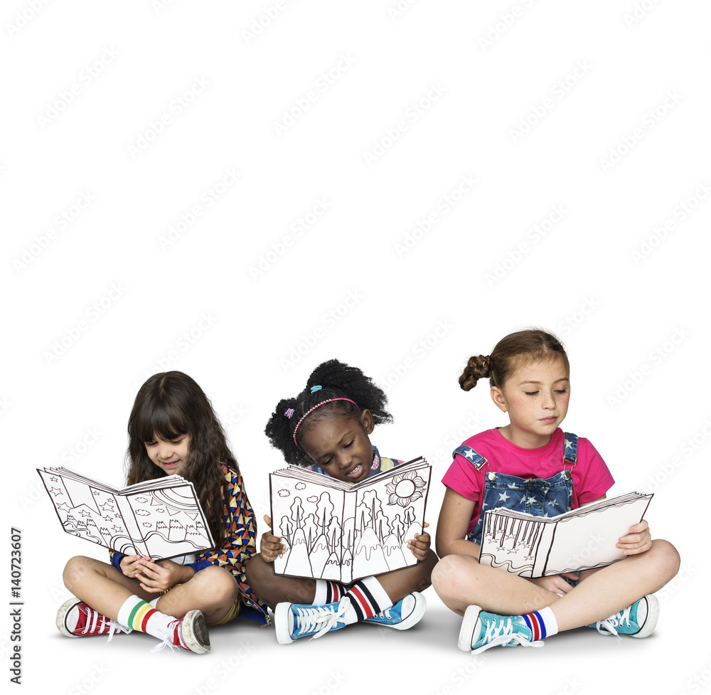 Children Girlfriends Reading Book Education Togetherness Studio Portrait