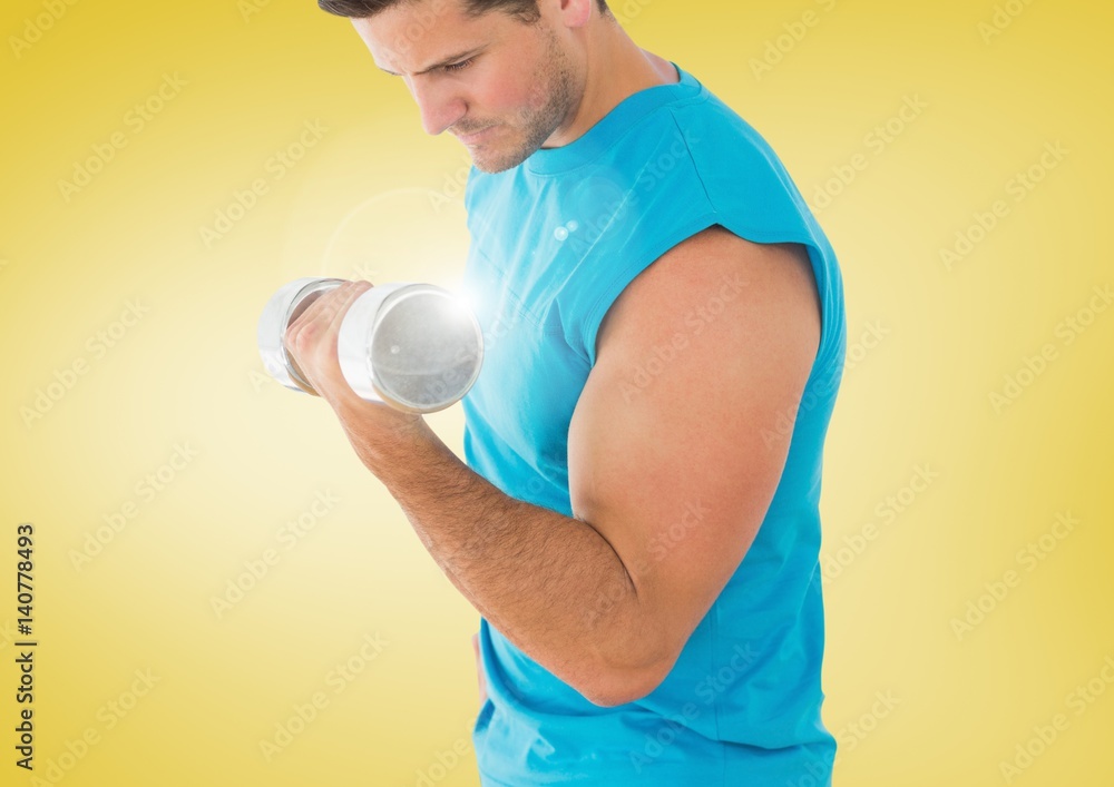 Man weightlifting with flare and yellow background