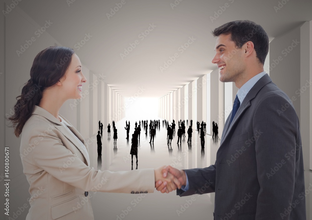 Handshake in corridor with silhouettes