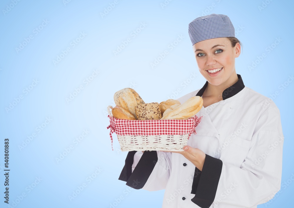 Chef with bread against blue background