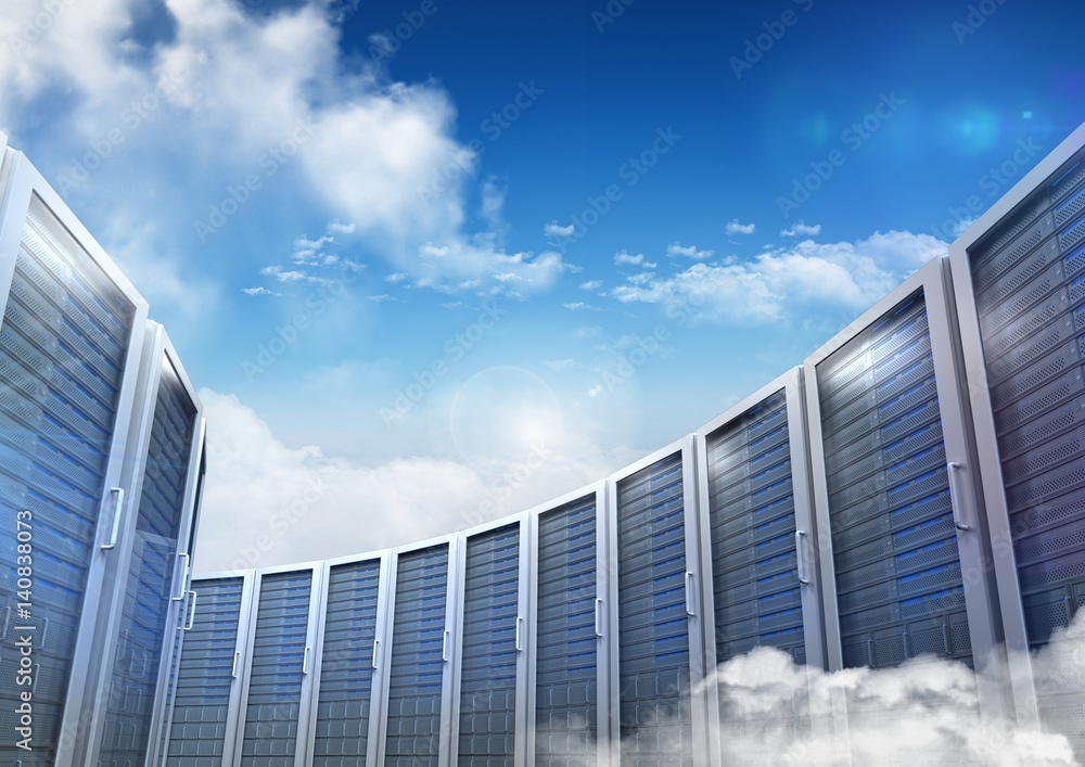 Servers towers and cloudy sky background