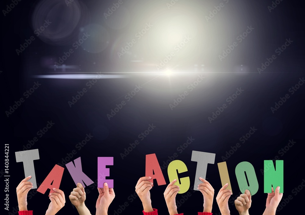 Digital composite image of hands holding take action cut outs