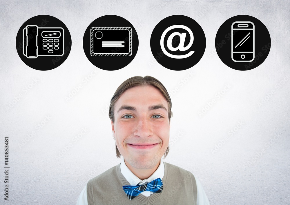 Smiling man with application icons above his head