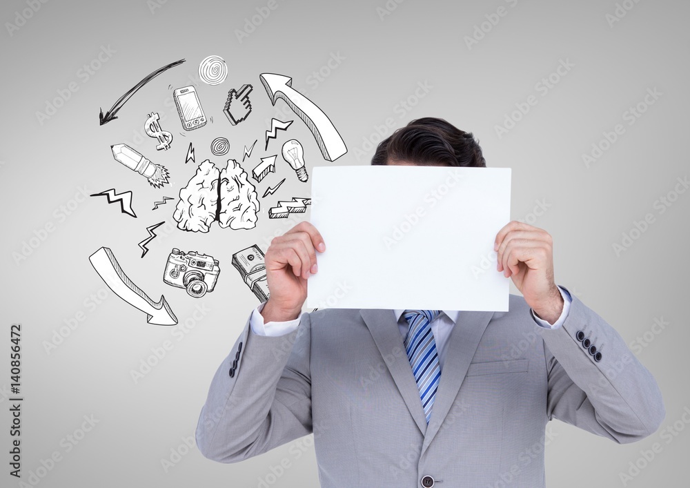 Businessman holding blank placard against graphic signs