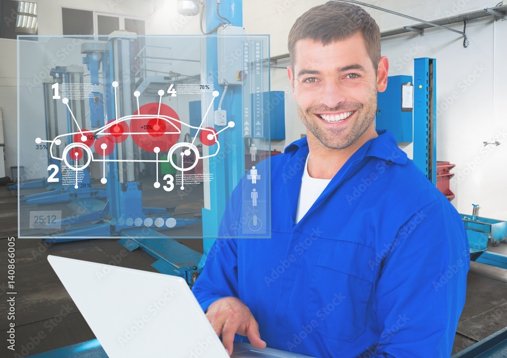 Portrait of a happy automobile mechanic holding laptop