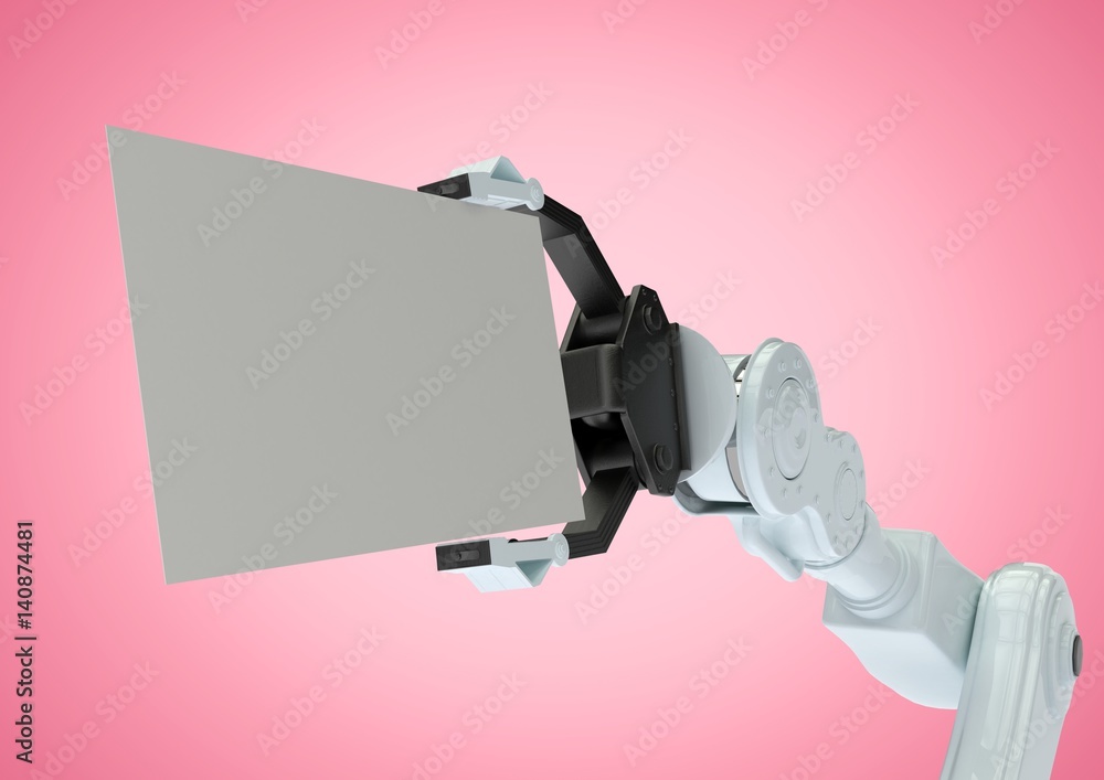 Robot holding blank placard against pink background