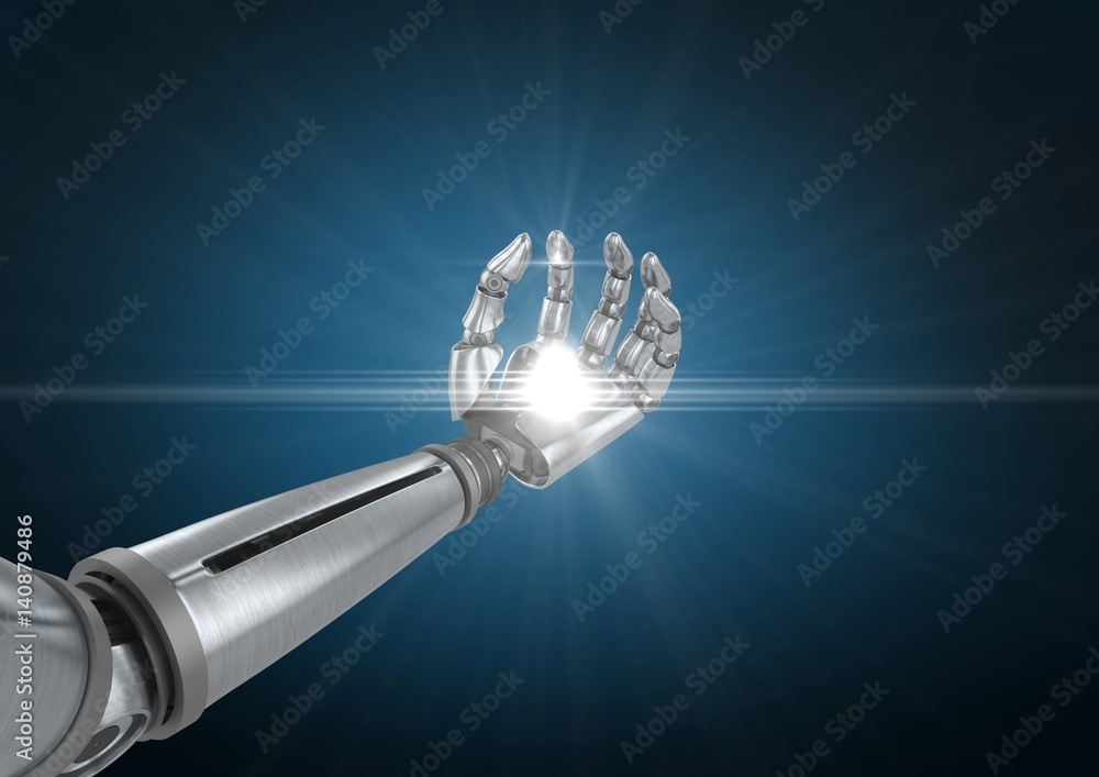 Robotic hand with illuminated light against blue background