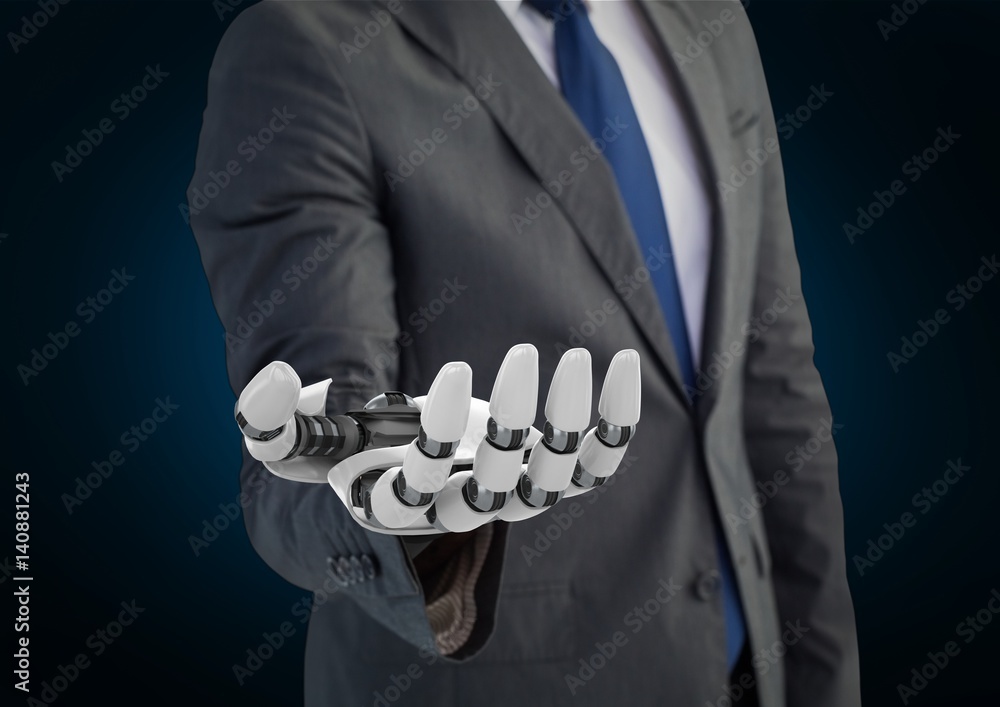 Businessman with robot hand  against blue background