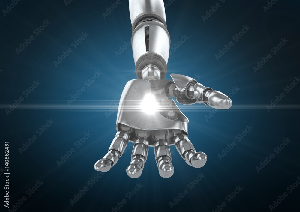 Robot hand with white light  against blue background