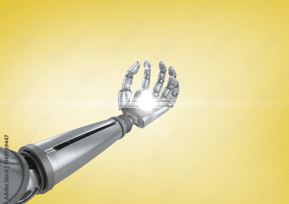 Robot hand with light flare against yellow background