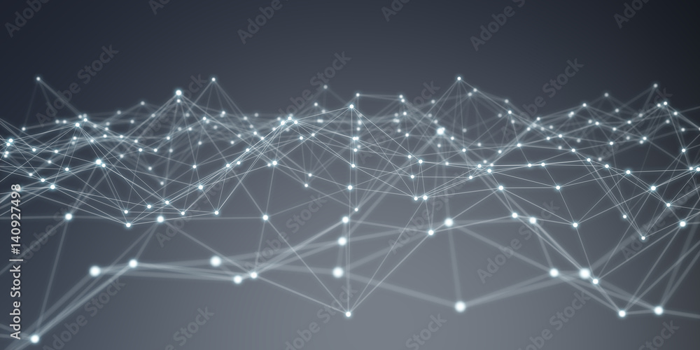 Floating white and blue dot network 3D rendering