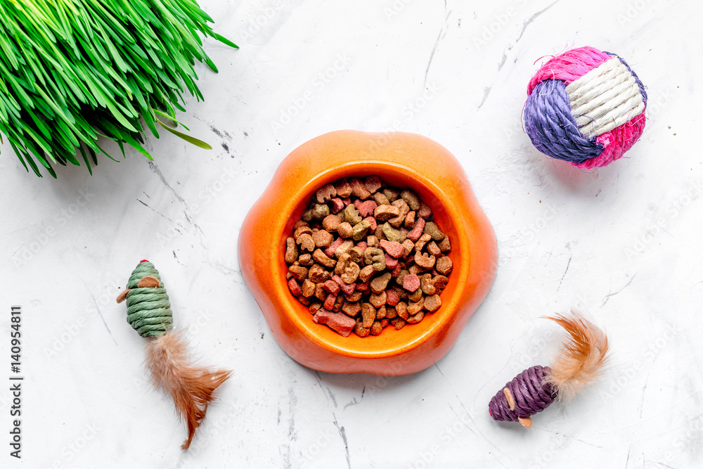 dry cat food in bowl on stone background top view