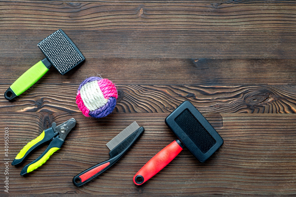 grooming tools concept on wooden table background top view mock-up