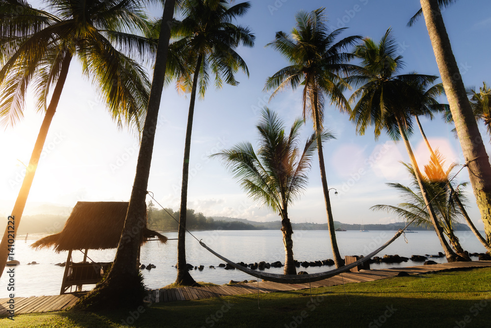 View of tropical beach with coconut palm trees,hut and cradle at Phuket, Thailand. Summer, Travel, V