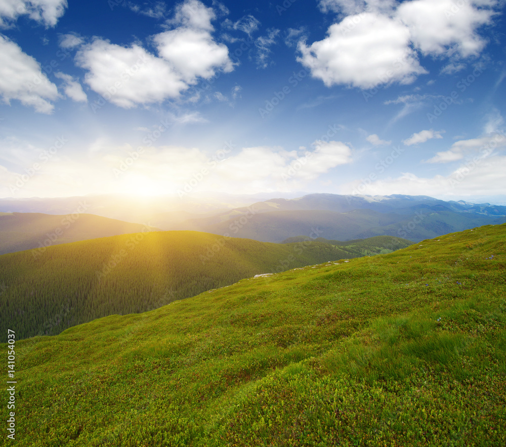 Mountain landscape on sun