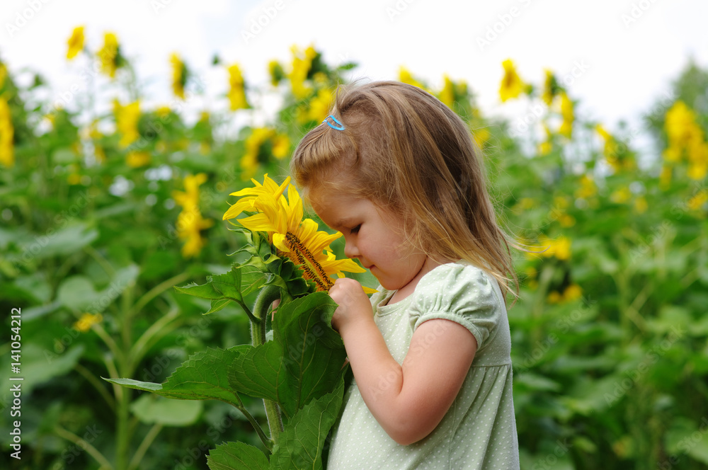  girl and sunflower on the field