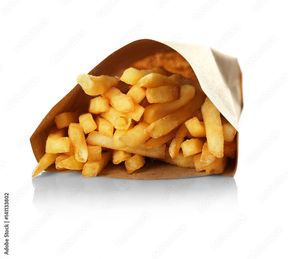 French fries in paper pack isolated on white