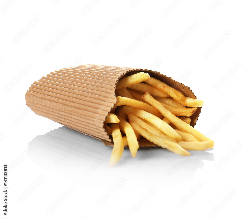 French fries in paper pack isolated on white