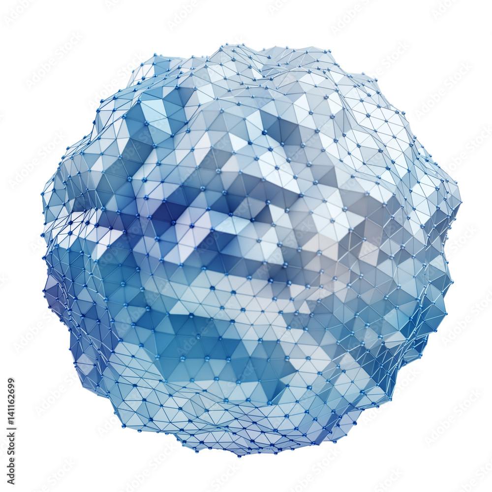 Floating white and blue glowing sphere network 3D rendering