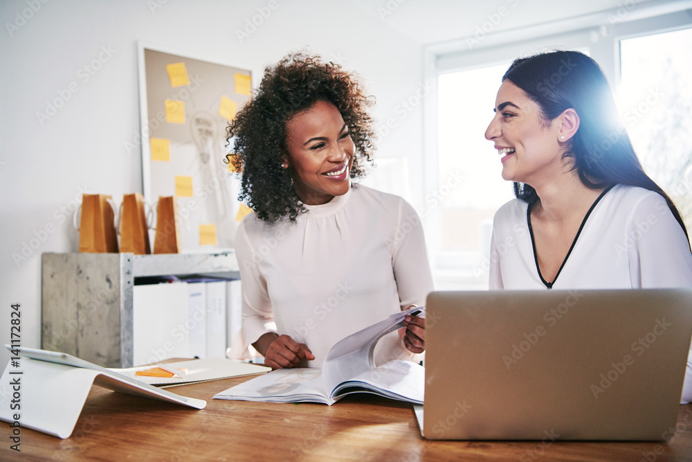 Two happy businesswomen laughing together