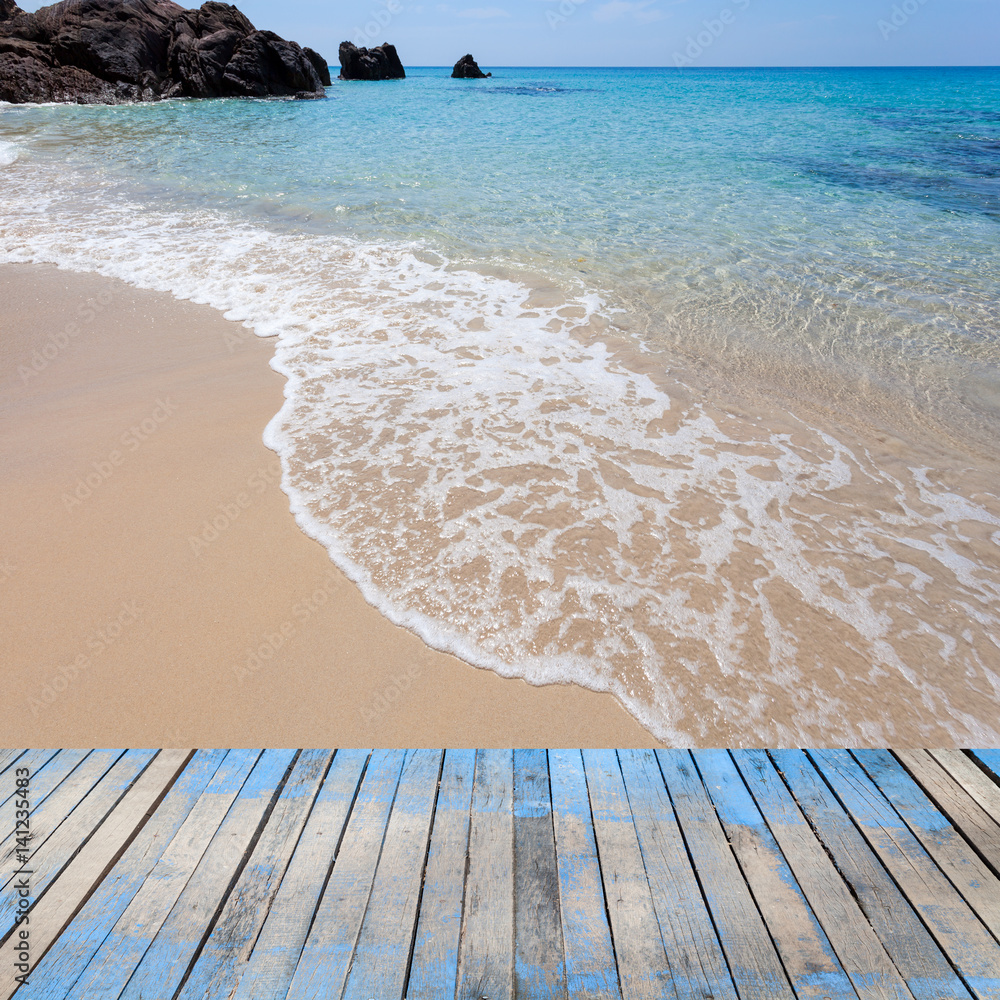 wooden floor with beautiful sand ,tropical beach ,blue sky scenery for background