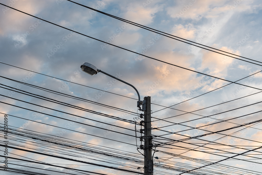 Electricity Post and Street Light with Blue Sky