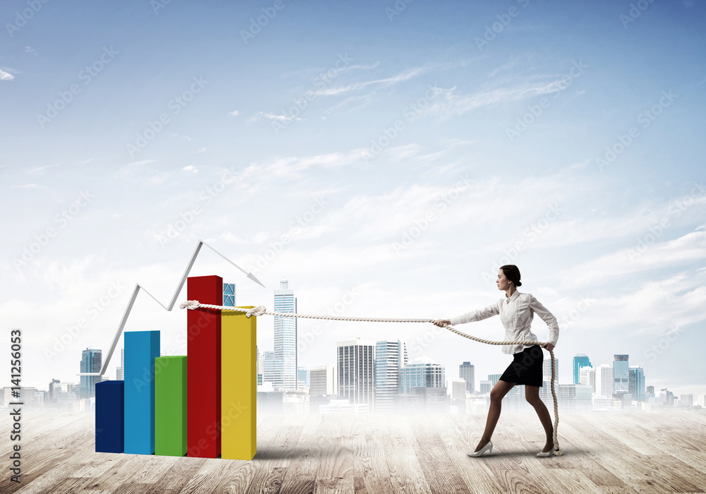 Businesswoman pulling arrow with rope and making it raise up