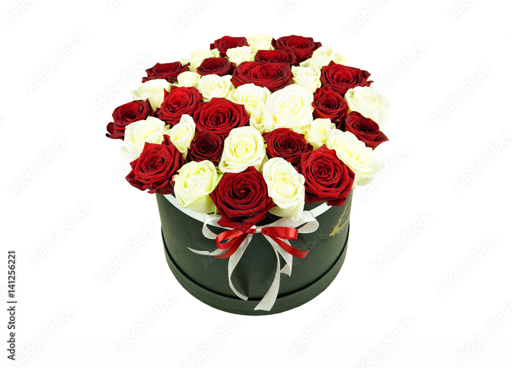 Flower box black with beautiful red and white roses isolated on white background. Original bouquet f