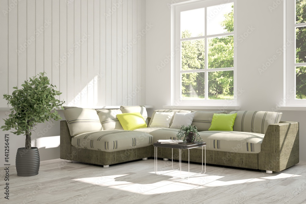 White room with sofa and green landscape in window. Scandinavian interior design. 3D illustration