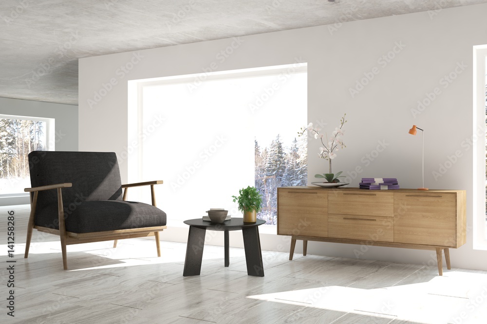 White room with armchair and winter landscape in window. Scandinavian interior design. 3D illustrati