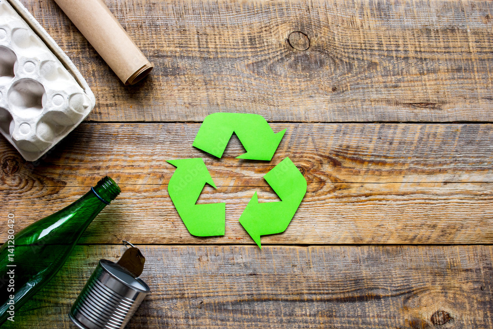 waste and recycling symbol in eco care on table top view mockup