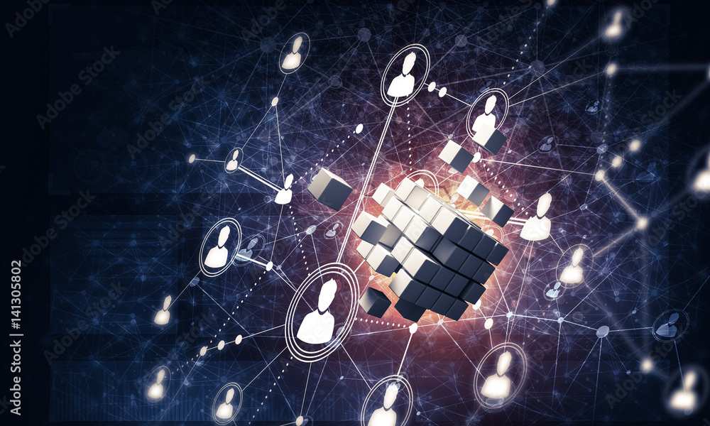 Concept of Internet and networking with digital cube figure on d