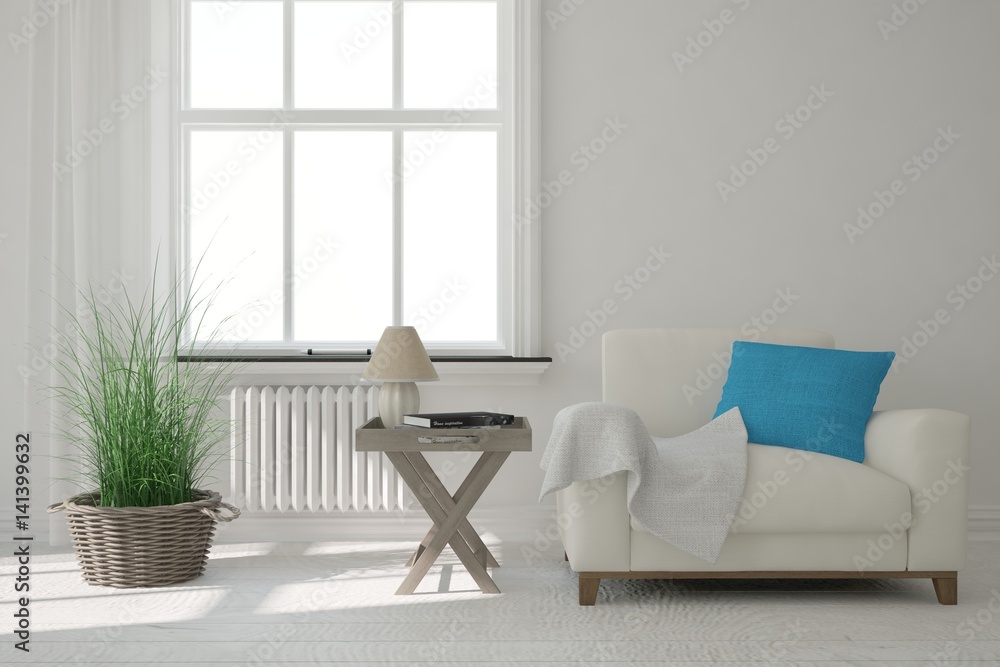 White room with armchair. Scandinavian interior design. 3D illustration