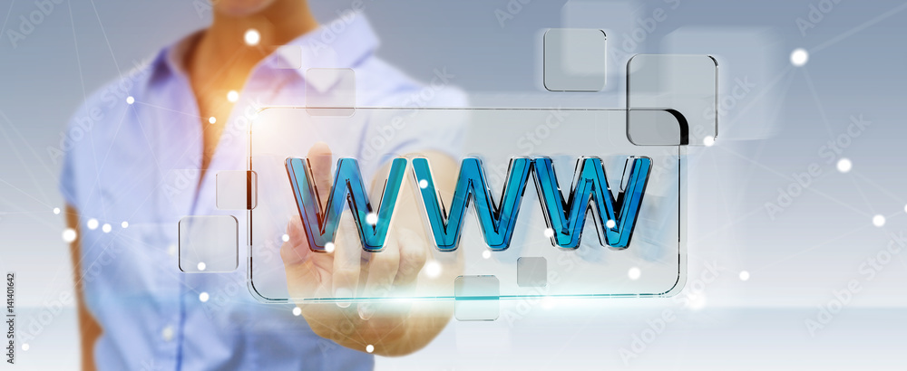 Businesswoman surfing on internet using tactile web address bar 3D rendering