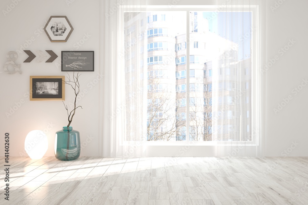 White empty room with winter landscape in window. Scandinavian interior design. 3D illustration