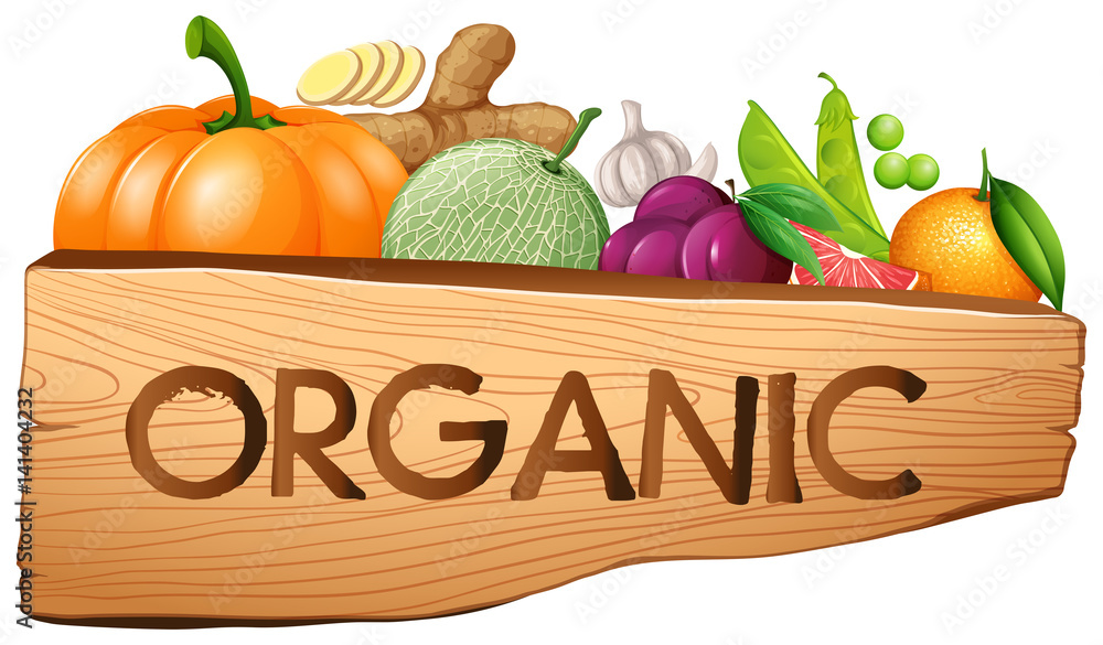 Organic sign with fruits and vegetables