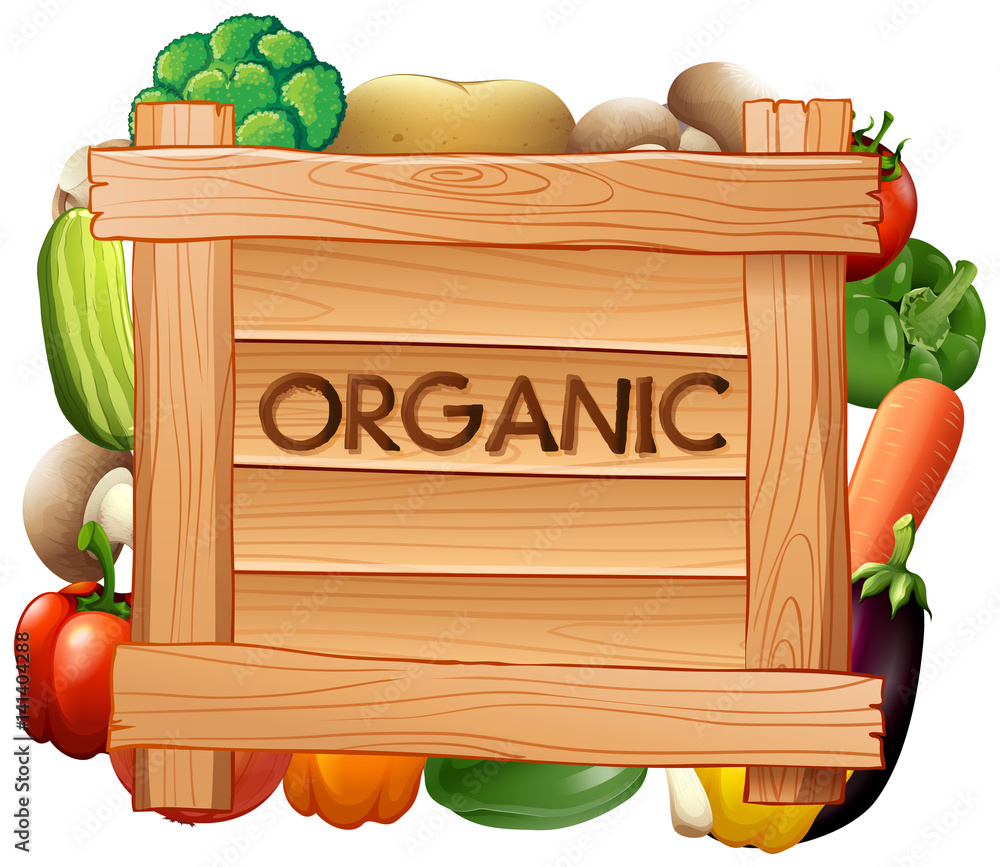 Organic sign and many types of vegetables