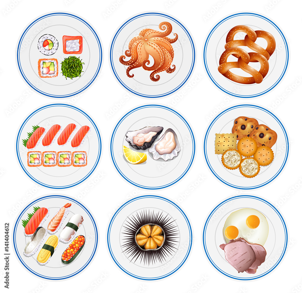 Sushi and other types of food on plates