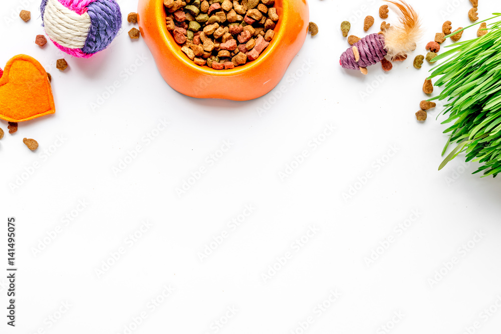 dry cat food in bowl on white background top view