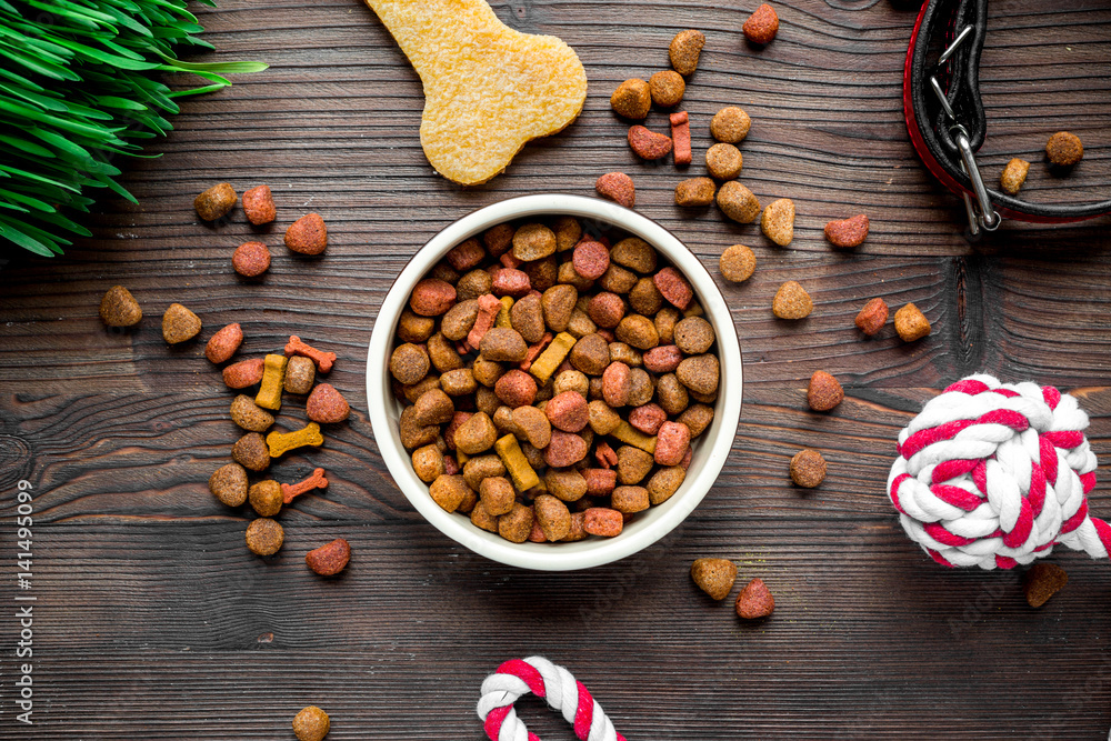 dry dog food in bowl on wooden background top view