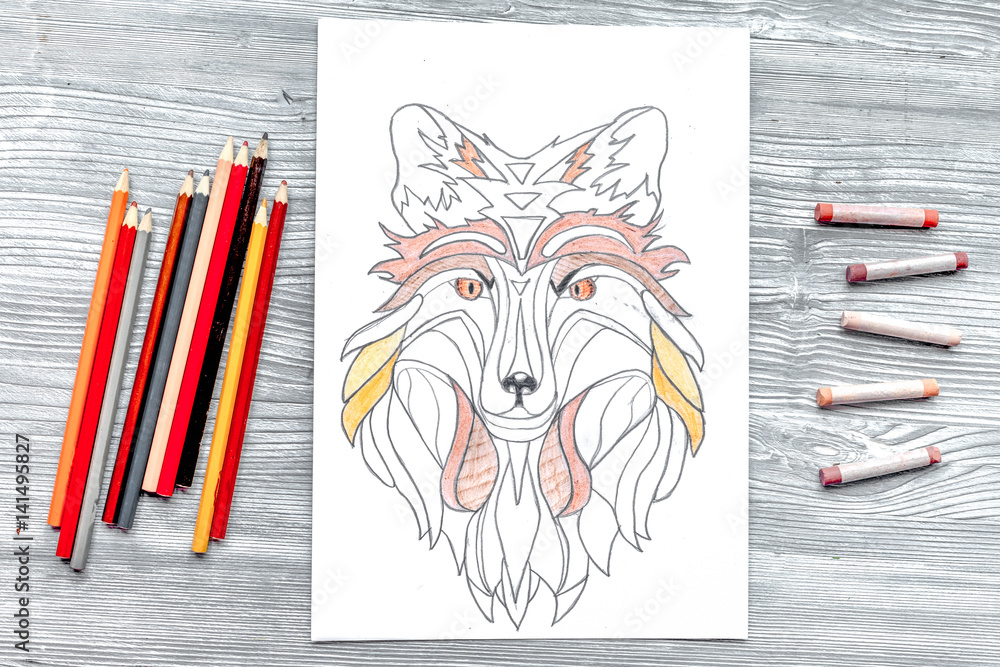 coloring picture for adults on wooden background top view