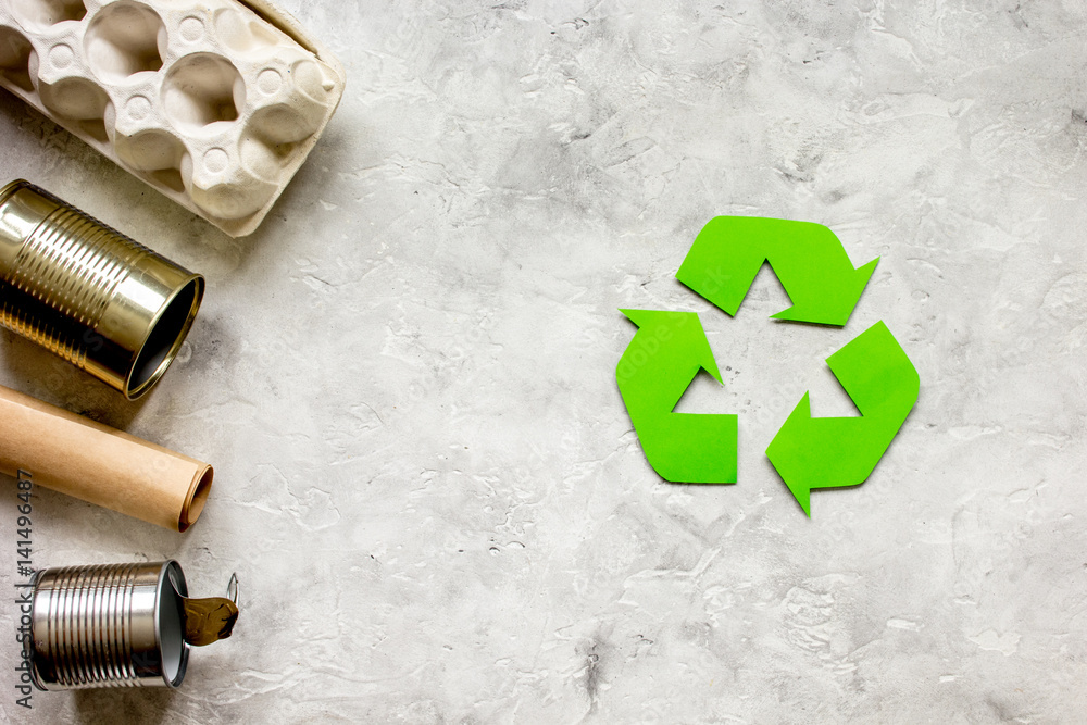 waste and recycling symbol in eco care on stone top view mock-up