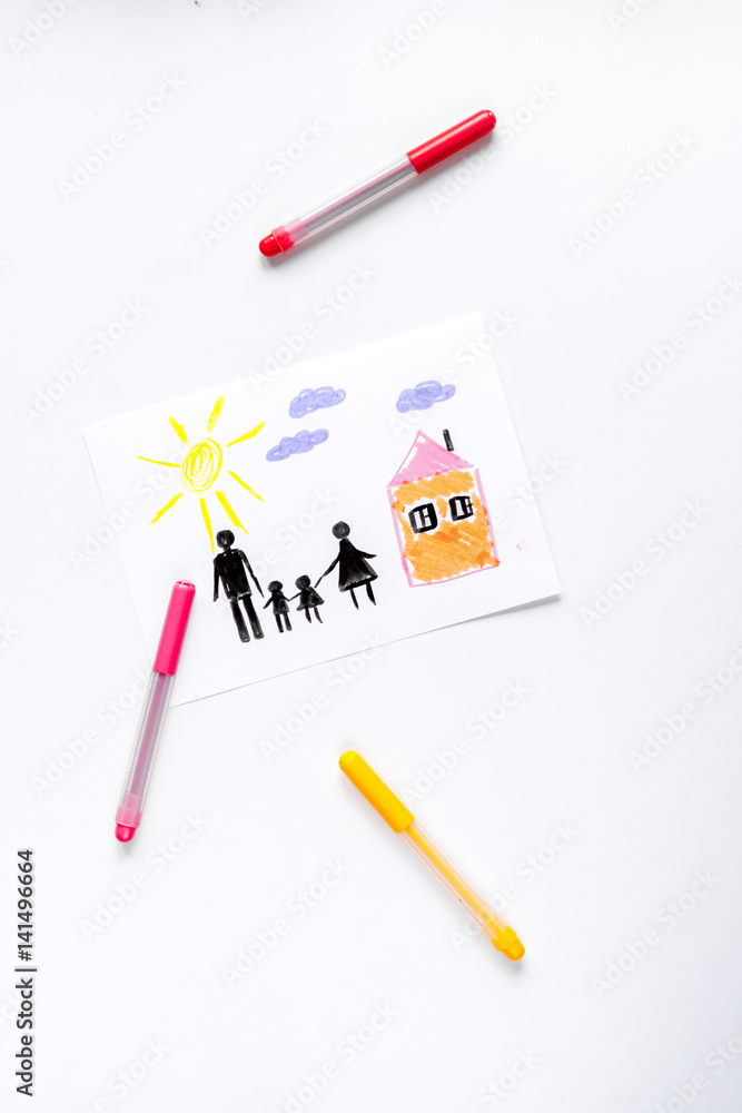 family concept with children drawing on desk background top view mock up