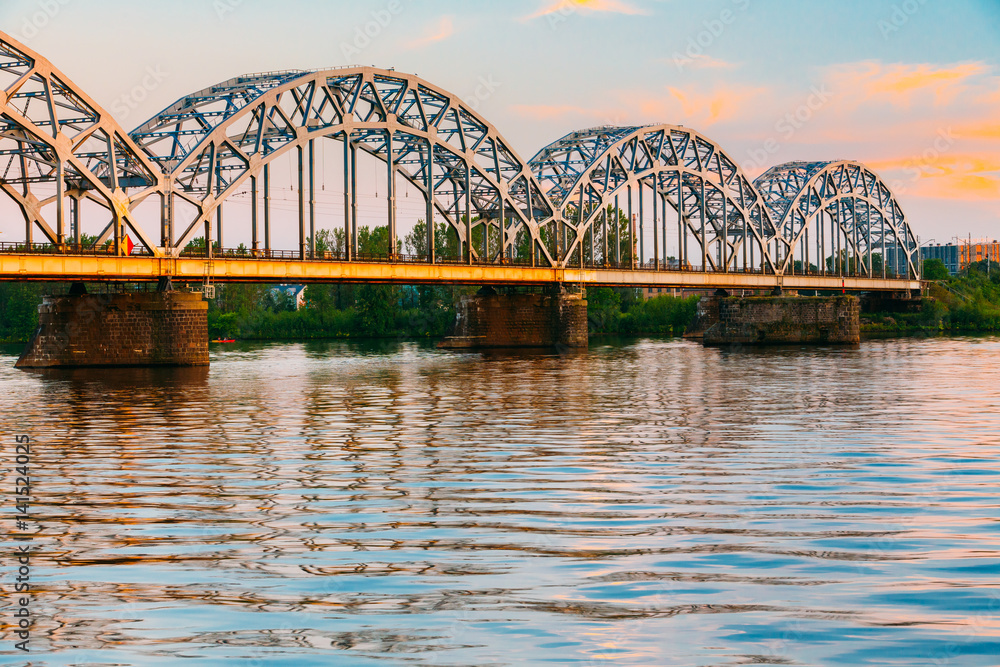 Riga, Latvia. Railway Bridge Through Daugava Or Western Dvina River