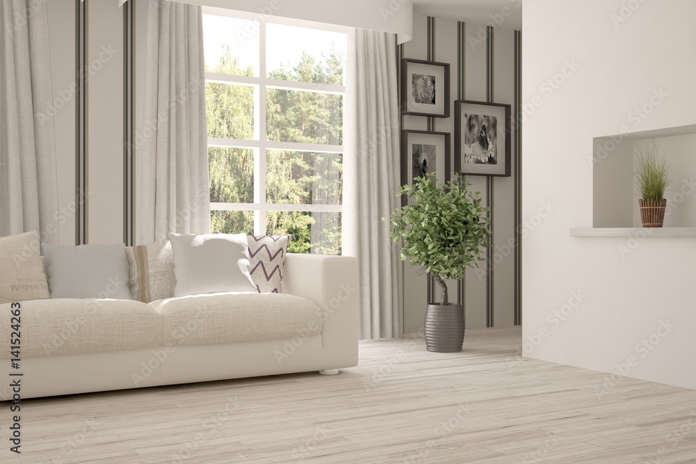 White room with sofa and green landscape in window. Scandinavian interior design. 3D illustration