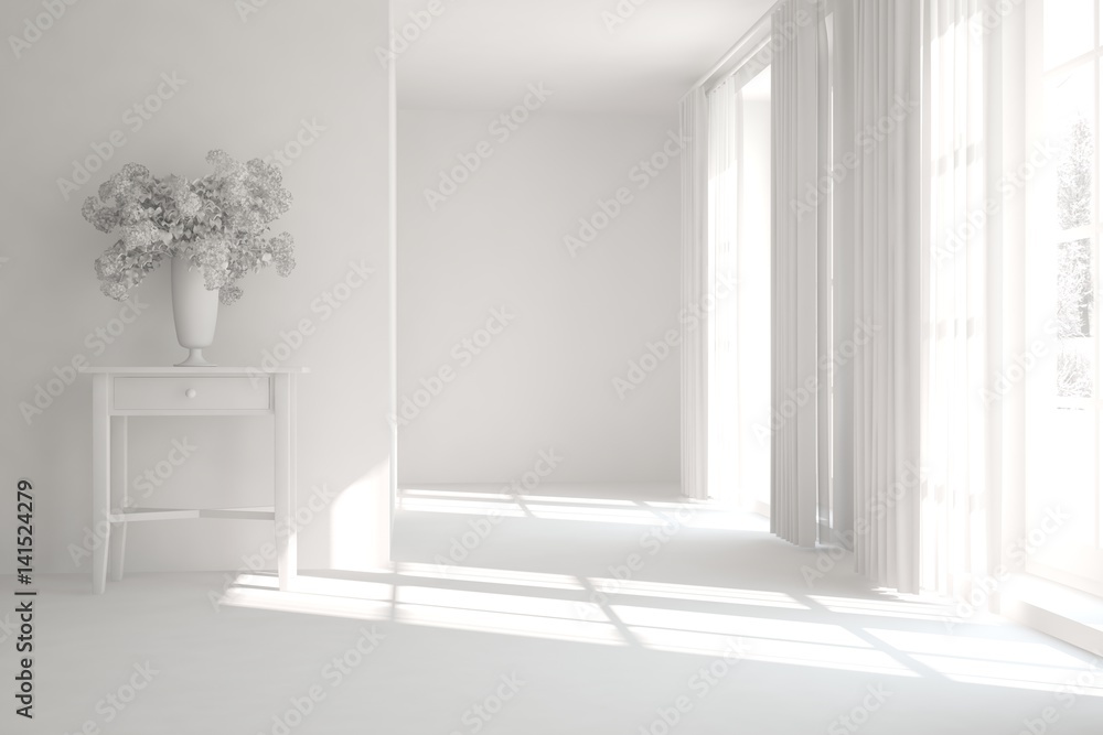 White modern empty room. Scandinavian interior design. 3D illustration