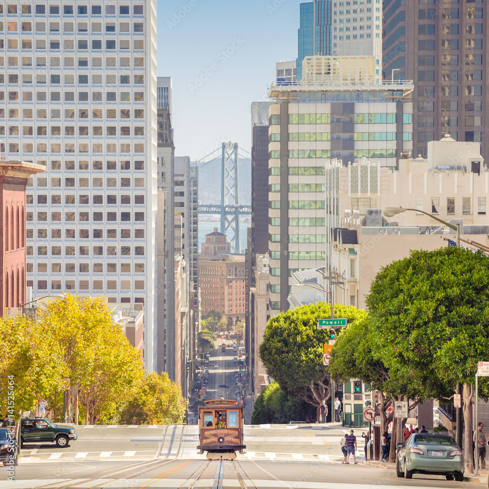 San Francisco Cable Car on California Street at sunset, USA