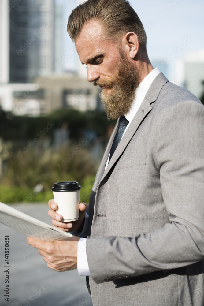 Businessmen Hands Hold Cup Read Newspaper