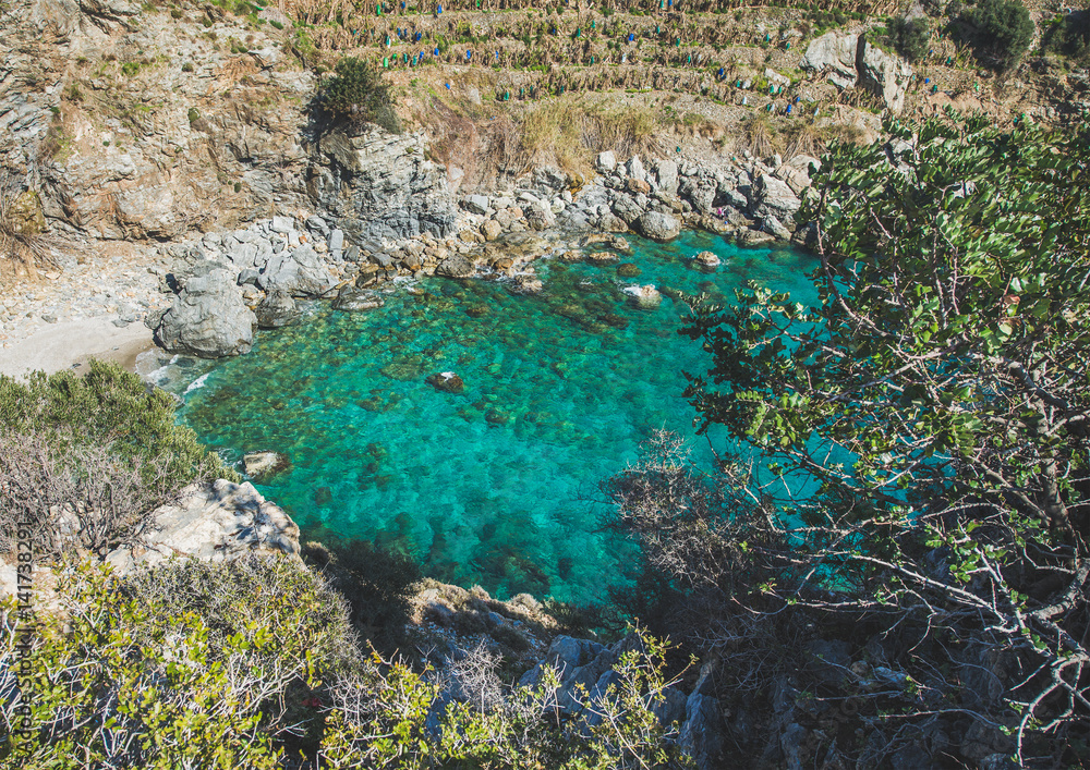 Scenic view of beautiful natural sea lagoon with turquoise water down in the rocks at Mediterranean 