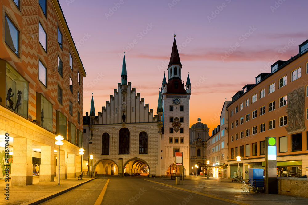 Munich Old Town Hall near Marienplatz town square at night in Munich, Germany.